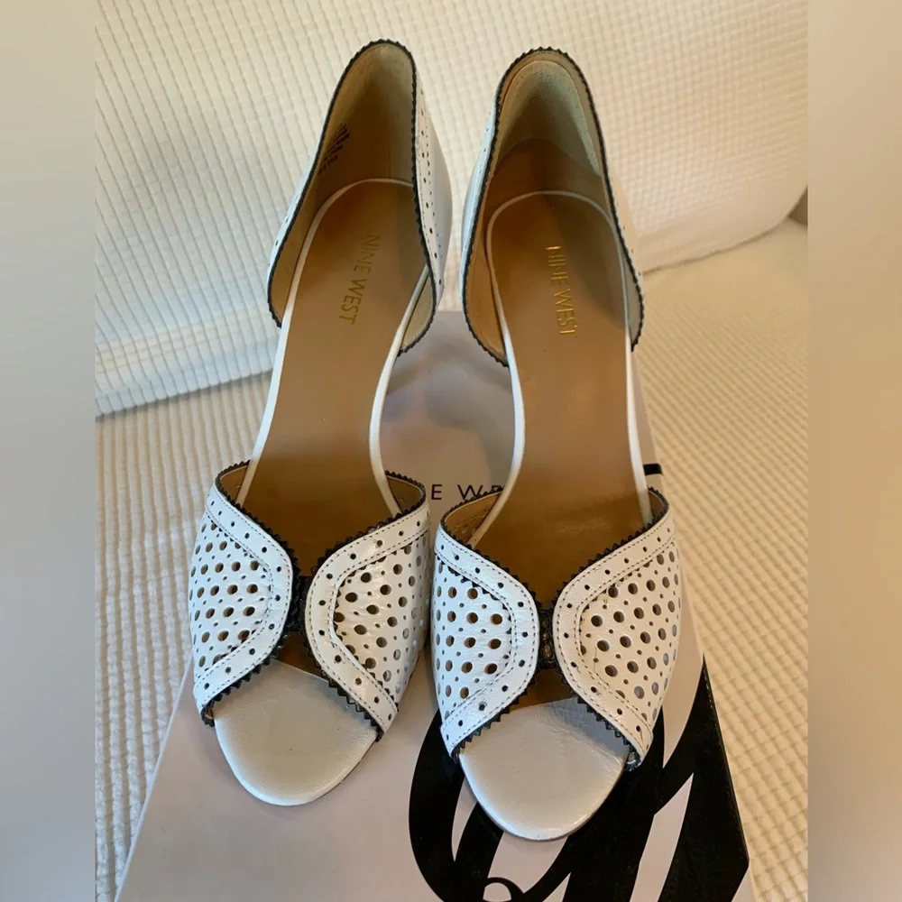Nine West White Peep-Toe Perforated Leather Heels